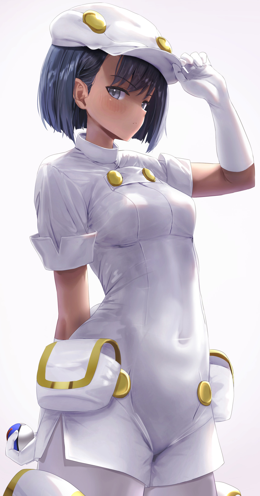 1girl absurdres aether_foundation_employee black_hair breasts commentary_request covered_navel cowboy_shot gloves great_ball grey_eyes hand_on_headwear hand_up hat highres holding holding_poke_ball naccyo43 nintendo overalls pantyhose poke_ball pokemon pokemon_sm short_hair short_sleeves simple_background solo white_background white_gloves white_hat white_overalls