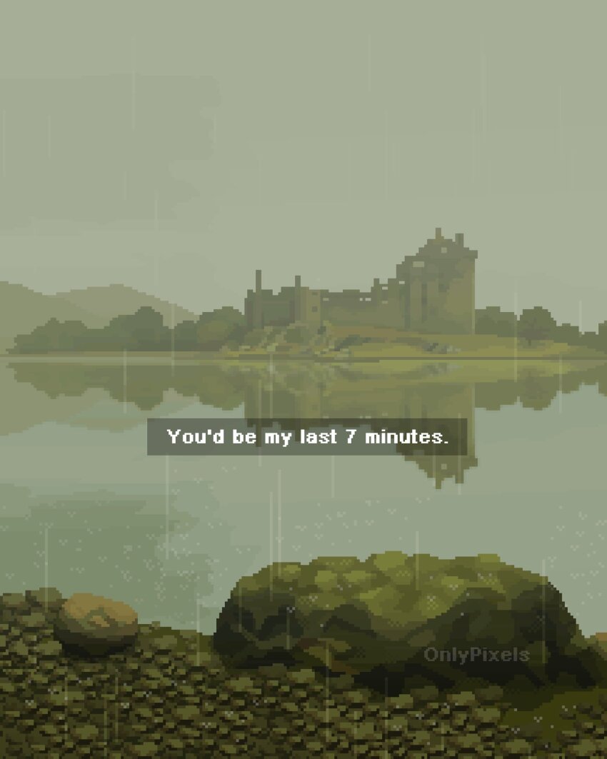 castle day english_text forest green_theme hashtag-only_commentary highres island lake mountainous_horizon nature onlypixeeels original outdoors pixel_art reflection reflective_liquid rock ruins scenery shore tree