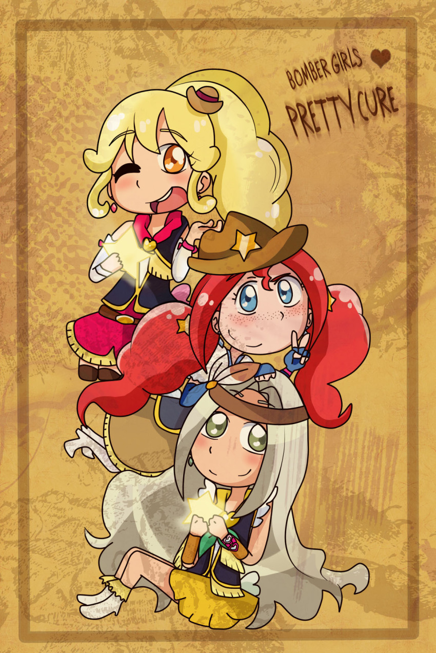 10s 3girls artist_request blonde_hair blonde_haired_cure_(bomber_girls_precure)_(happinesscharge_precure!) blue_eyes bomber_girls_precure cowboy_hat feathers grey_eyes grey_hair grey_haired_cure_(bomber_girls_precure)_(happinesscharge_precure!) feather_hair_ornament happinesscharge_precure! hat highres multiple_girls ponytail precure red_hair red_haired_cure_(bomber_girls_precure)_(happinesscharge_precure!) tagme