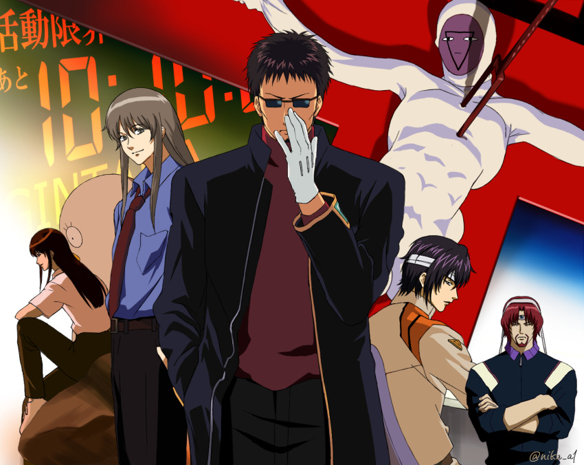 2others 5boys adjusting_eyewear anime_coloring bandaged_head bandages beard black_coat black_hair black_jacket blue_shirt brown_hair coat collared_shirt cosplay crossed_arms facial_hair gintama gloves hand_in_pocket hasegawa_taizou headband ikari_gendou ikari_gendou_(cosplay) ishida_akira_(voice_actor) jacket kaji_ryouji kaji_ryouji_(cosplay) katsura_kotarou lance_of_longinus_(evangelion) lilith_(evangelion) long_hair long_sleeves looking_at_viewer multiple_boys multiple_others mustache necktie neon_genesis_evangelion nika_a1 pluto_batou polearm red_hair red_necktie red_shirt shirt short_hair sitting smile spear standing sunglasses suzuhara_touji suzuhara_touji_(cosplay) tachiki_fumihiko takasugi_shinsuke voice_actor_connection weapon white_gloves yamadera_kouichi yellow_jacket yoshida_shouyou