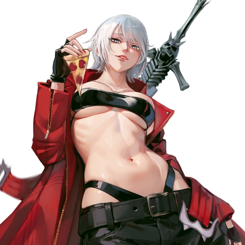 1girl absurdres belt belt_bra black_belt black_bra black_gloves black_pants blue_eyes bra breasts breasts_apart coat collarbone commentary cowboy_shot dante_(devil_may_cry) devil_may_cry devil_may_cry_(series) devil_may_cry_3 english_commentary fingerless_gloves food genderswap genderswap_(mtf) gloves hair_between_eyes henoopd highres holding holding_food holding_pizza large_breasts long_hair looking_at_viewer medium_hair navel open_clothes open_coat pants parted_lips pizza rebellion_(sword) red_coat red_nails ribs simple_background skindentation smile solo stomach sword sword_on_back underwear weapon weapon_on_back white_background white_hair