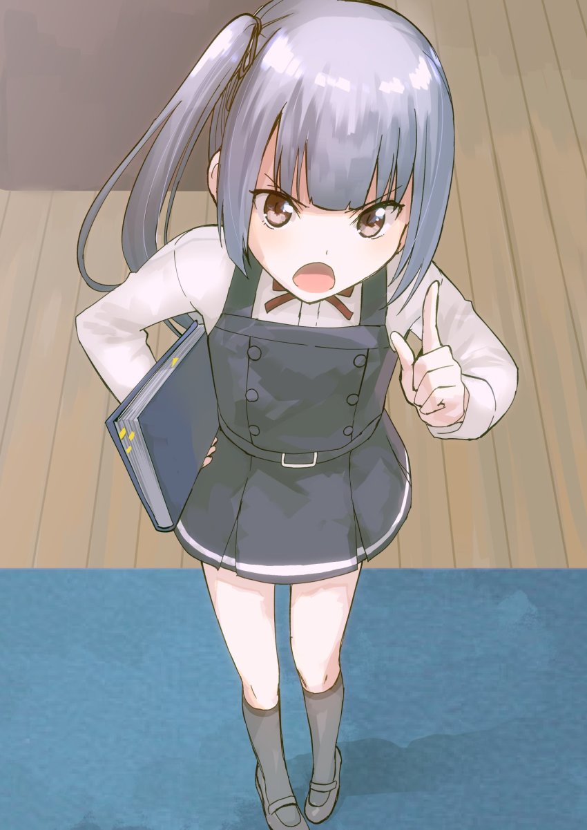&gt;:o 10s 1girl :o angry belt black_dress book brown_eyes dress female_focus grey_hair grey_shoes grey_socks highres kantai_collection kasumi_(kancolle) kasumi_kai_ni_(kancolle) kneehighs lecturing long_hair long_sleeves looking_at_viewer masukuza_j open_mouth pinafore_dress red_ribbon ribbon shirt shoes side_ponytail sleeveless sleeveless_dress socks solo v-shaped_eyebrows white_shirt
