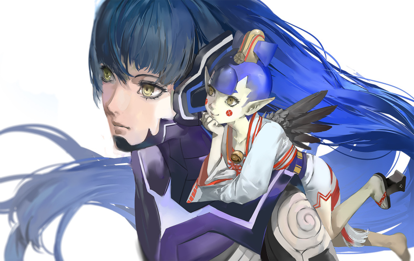 1boy 1girl amanozako_(megami_tensei) androgynous black_wings blazpu blue_hair demon_(megami_tensei) eyelashes facial_mark feathered_wings geta japanese_clothes kimono long_hair marking_on_cheek mini_person on_shoulder pale_skin pointy_ears protagonist_(smtv) shin_megami_tensei shin_megami_tensei_v short_hair short_kimono sideless_bangs soejima_shigenori_(style) tengu tengu-geta white_kimono wings yellow_eyes