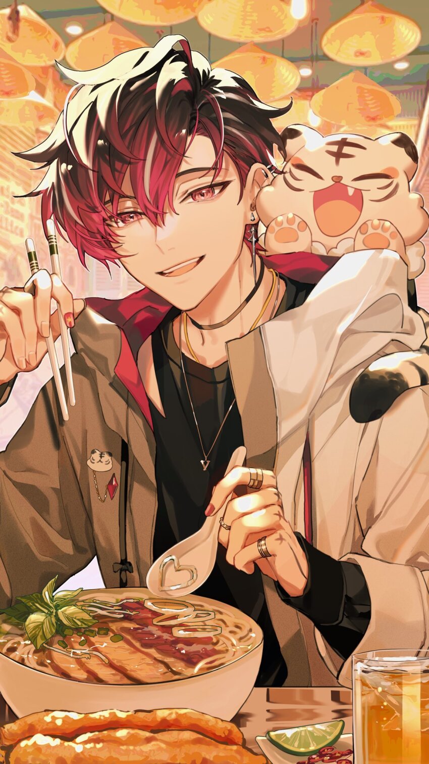 1boy black_hair black_shirt bowl chopsticks commentary crew_neck cup drawstring drink earrings eating ewa_(yion_yu94148) fang food fruit hair_between_eyes hashtag-only_commentary heart highres holding holding_chopsticks holding_utensil ice ice_cube jacket jewelry katsu_(food) layered_sleeves lime_(fruit) lime_slice long_sleeves male_focus meat multicolored_hair multicolored_jacket necklace nijisanji nijisanji_en noodles on_shoulder open_mouth paw_up pawpads piercing pink_eyes popped_collar purple_hair ramen restaurant shirt sitting sliced_meat smile solo streaked_hair table teeth tiger tongue two-tone_jacket unzipped upper_teeth_only ver_vermillion villion_(ver_vermillion) virtual_youtuber white_hair white_tiger