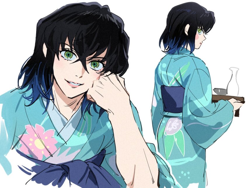 1boy alcohol aqua_kimono black_hair blue_hair blush choko_(cup) colored_tips crossed_bangs cup floral_print floral_print_kimono green_eyes hair_between_eyes hashibira_inosuke head_on_hand holding holding_plate japanese_clothes kimetsu_no_yaiba kimono looking_at_viewer male_focus medium_hair multicolored_hair multiple_views namooggg parted_lips plate print_kimono sakazuki sake smile solo white_background