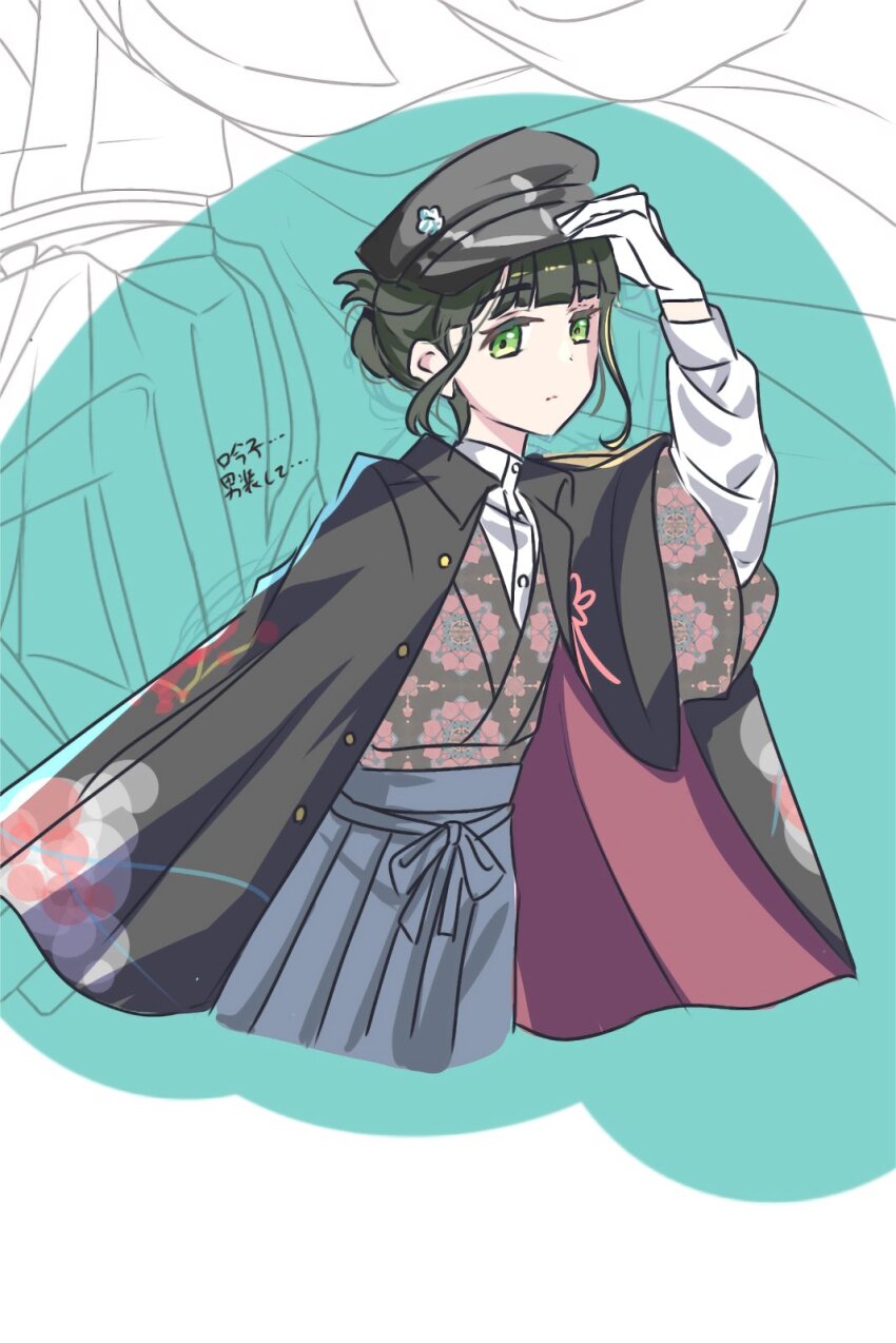 1girl alternate_costume black_coat black_hair black_hat black_kimono blue_hakama blunt_bangs closed_mouth coat coat_on_shoulders crossdressing expressionless green_eyes hair_bun hakama hat highres japanese_clothes kimono link!_like!_love_live! long_sleeves looking_at_viewer love_live! momose_ginko sakari_(pear_8_ll) shirt short_hair sidelocks single_hair_bun solo split_mouth virtual_youtuber white_shirt