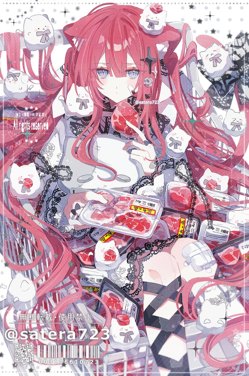 1girl animal_ear_fluff animal_ears ankle_lace-up bandaid double-parted_bangs dress food hair_flowing_over highres in_shopping_cart lace lace-trimmed_dress lace_trim long_hair looking_at_viewer meat original pink_hair shopping_cart slit_pupils stuffed_animal stuffed_toy white_dress yakinikusakoku