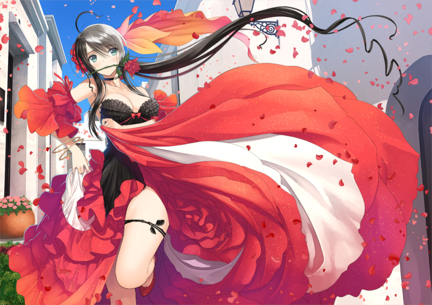 1girl ahoge armpits bare_legs bare_shoulders black_hair blue_eyes blue_sky bow bracelet breasts building choker cleavage collarbone commentary_request dancer day dress flamenco flower foreshortening frilled_dress frills gradient_hair head_tilt house jewelry large_breasts layered_dress long_hair looking_at_viewer mouth_hold multicolored_dress multicolored_hair no_socks off-shoulder_dress off_shoulder original petals plant ponytail potted_plant red_bow red_flower red_rose red_shoes rose rose_petals running shoes sky solo spanish_clothes strapless strapless_dress tareme tony_taka town very_long_hair