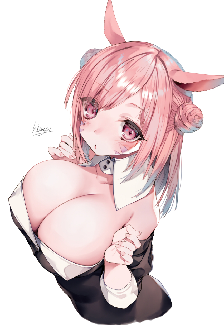 1girl animal_ears blush breasts cat_ears cleavage detached_collar double_bun facial_mark final_fantasy final_fantasy_xiv hair_bun highres hime_gyo large_breasts miqo&#039;te pink_eyes pink_hair signature simple_background solo upper_body warrior_of_light_(ff14) whisker_markings white_background