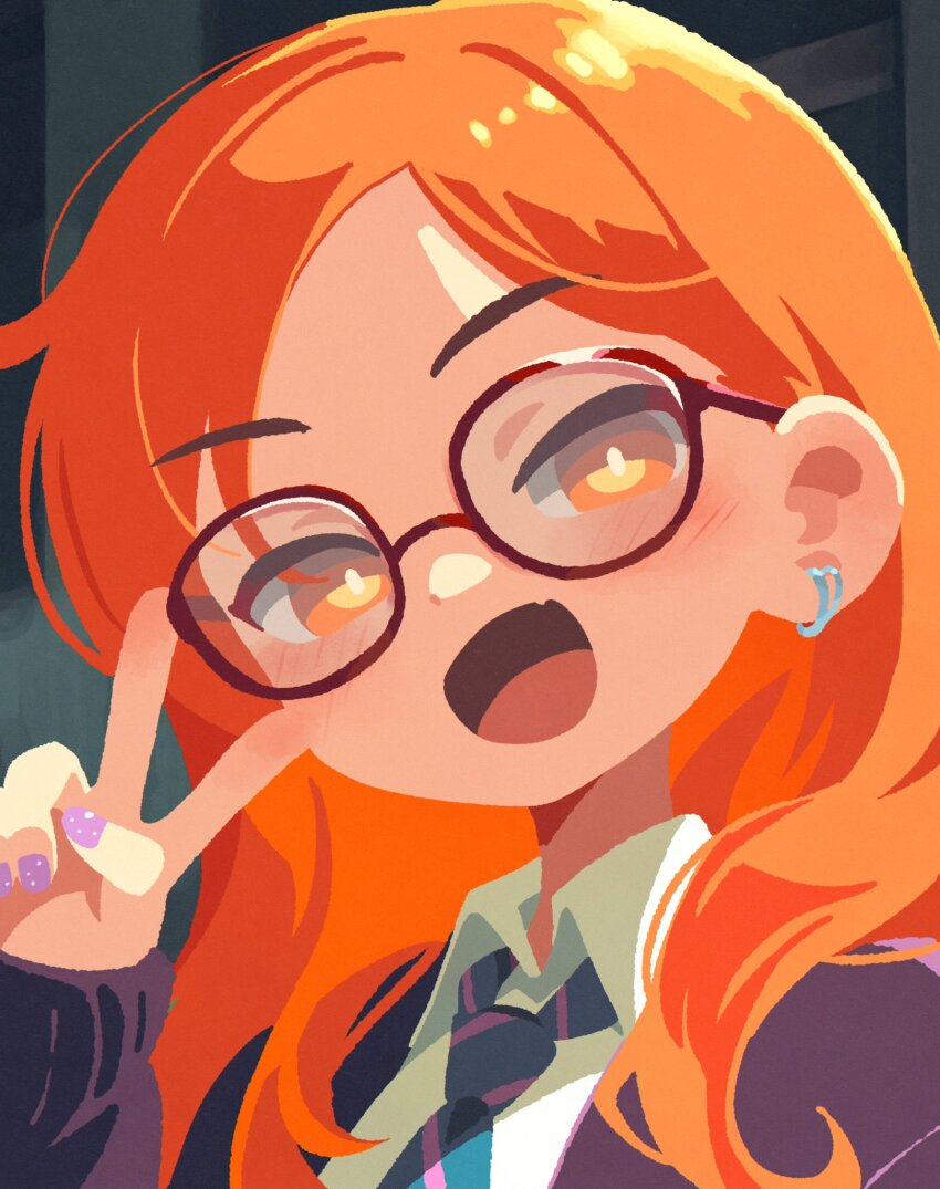 1girl blush cardigan collared_shirt earrings glasses highres jewelry long_hair looking_at_viewer necktie open_mouth orange_eyes orange_hair original shirt smile solo takarai_shunsuke upper_body v