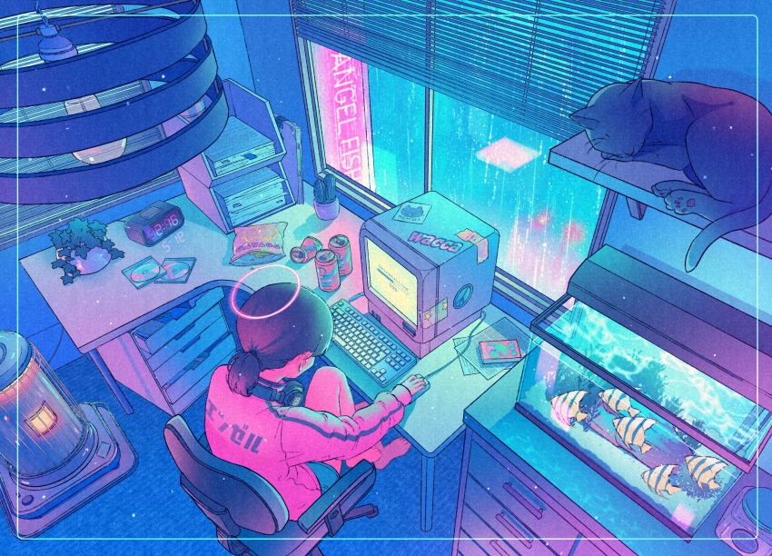 1girl alarm_clock angelfish artist_name at_computer barefoot black_cat blue_shorts border brown_hair can cat cd chair chips_(food) clock commentary computer desk digital_clock drink_can fish fish_tank food from_above from_behind halo headphones headphones_around_neck highres indoors jacket kerosene_heater computer_keyboard knee_up lamp medium_hair monitor computer_mouse neon_lights night office_chair on_chair original pet pink_jacket plant ponytail potato_chips potted_plant progress_bar rain short_ponytail shorts sign sitting soda_can solo sticker swivel_chair track_jacket tropical_fish wacca005 wide_shot window window_blinds