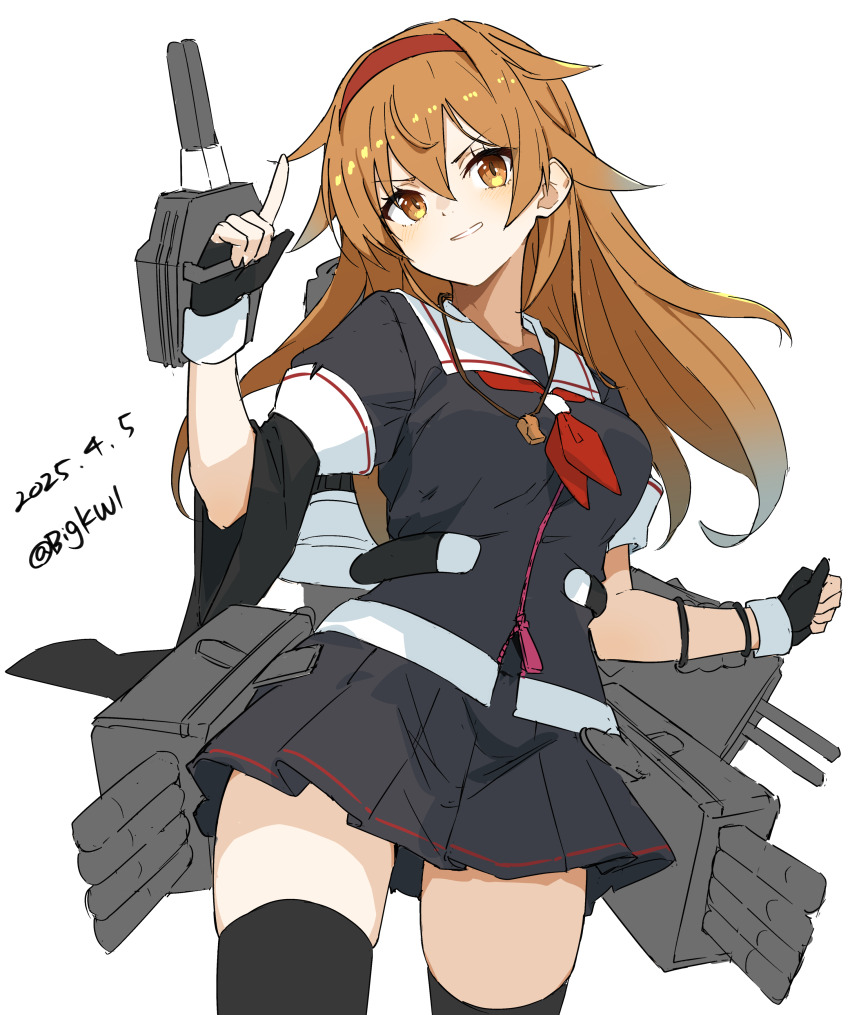 1girl absurdres adapted_turret ahoge artillery bigkwl black_serafuku blush breasts brown_eyes brown_hair cannon dated gloves hair_between_eyes hair_flaps hairband highres kantai_collection long_hair looking_at_viewer machinery neckerchief red_hairband red_neckerchief rigging school_uniform serafuku ship_turret shiratsuyu_(kancolle) shiratsuyu_kai_ni_(kancolle) skirt smile smokestack solo thighhighs torpedo_launcher torpedo_tubes twitter_username whistle white_background