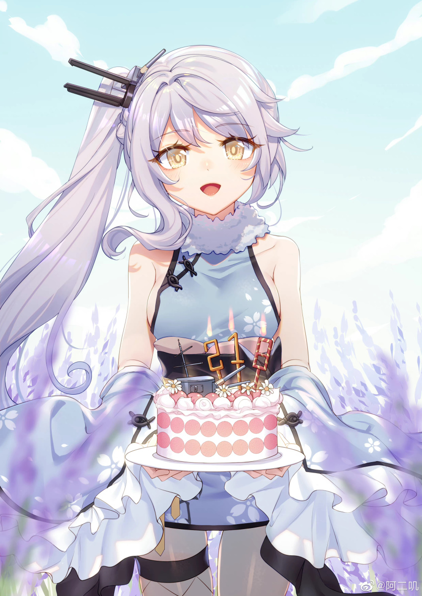 1girl :d absurdres aer_(tengqiu) bare_shoulders birthday_cake blue_sky breasts cake candle china_dress chinese_clothes cloud day dress food grey_hair hair_ornament highres holding long_hair looking_at_viewer medium_breasts ning_hai_(warship_girls_r) open_mouth outdoors side_ponytail sky smile solo thigh_strap thighhighs warship_girls_r watermark weibo_watermark wide_sleeves yellow_eyes