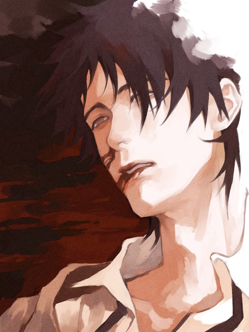 1boy an_(xxcyclotron) black_hair blood blood_from_mouth chaos;head collared_shirt commentary dying hair_over_one_eye half-closed_eyes highres lying male_focus necktie nishijou_takumi nosebleed on_back parted_lips partially_unbuttoned pool_of_blood portrait shirt short_hair solo spoilers symbol-only_commentary undone_necktie white_shirt