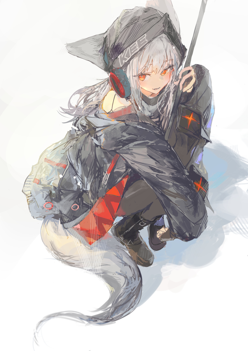 1girl absurdres animal_ears ankle_boots arknights black_boots black_hat black_jacket black_pantyhose boots clothes_writing ears_through_headwear frostleaf_(arknights) full_body grey_hair grey_tail hat headphones highres ichika_(ichika87) jacket long_hair long_sleeves looking_at_viewer orange_eyes pantyhose simple_background sketch smile solo squatting tail white_background