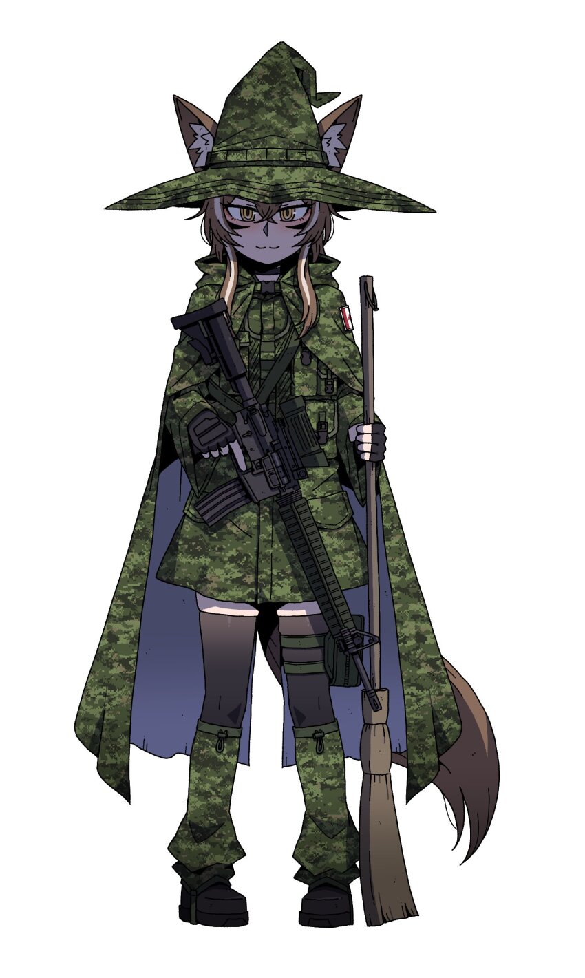 :3 animal_ears boots broom brown_hair cadpat callisto_(greyeth) camouflage canadian_flag cape colt_canada_c7 commission fox_ears fox_girl fox_tail gloves hat highres karepack large_hat looking_at_viewer military_uniform multicolored_hair original pouch streaked_hair tail thigh_pouch thighhighs