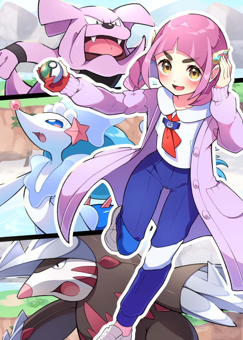 1girl :d absurdres blue_pants blush buttons coat collared_shirt commentary_request excadrill eyelashes gen_2_pokemon gen_5_pokemon gen_7_pokemon glint gloves granbull hair_ornament hairclip hands_up highres holding holding_poke_ball lacey_(pokemon) neckerchief nest_ball nintendo open_clothes open_coat open_mouth pants partially_fingerless_gloves poke_ball pokemon pokemon_(creature) pokemon_sv pon_yui primarina red_neckerchief shirt shoes single_glove smile tongue white_footwear white_shirt yellow_eyes