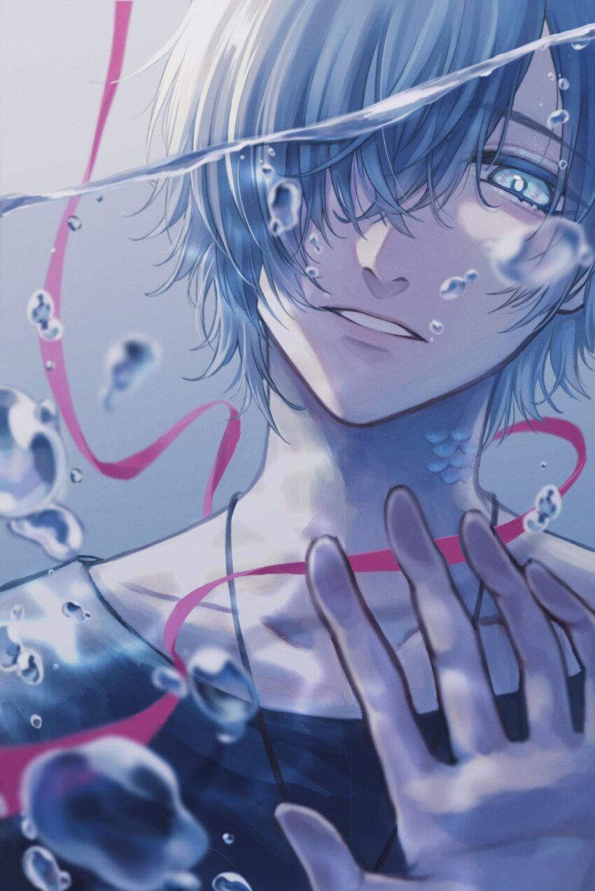 1boy air_bubble black_shirt blue_eyes bubble collarbone commentary_request grey_background grey_hair hair_over_one_eye hand_up highres looking_at_viewer male_focus moxamog original parted_lips partially_underwater_shot pink_ribbon portrait ribbon shirt short_hair solo teeth underwater