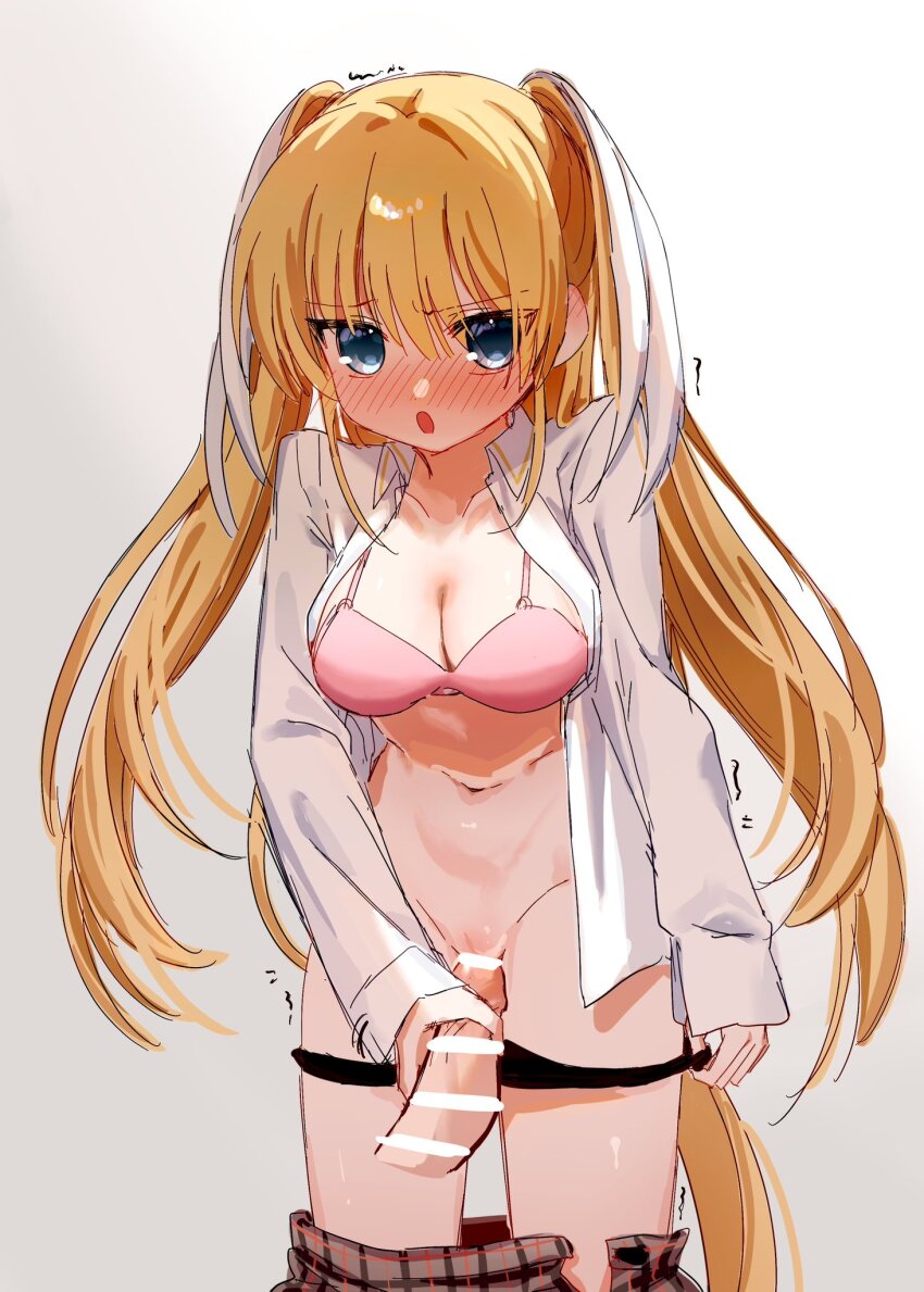 1boy 1girl :o backlighting bar_censor black_panties blonde_hair blue_eyes blush bra breasts censored cleavage clothes_pull collared_shirt commentary_request cowboy_shot embarrassed eshiko eyes_visible_through_hair grinding groin hair_between_eyes hair_ribbon handjob hetero highres large_breasts leaning_forward little_busters! little_busters!_school_uniform long_hair long_ribbon looking_at_viewer navel nose_blush open_clothes open_mouth open_shirt panties panty_pull penis pink_bra plaid_clothes plaid_skirt pov pov_crotch pulling_own_clothes pussy ribbon school_uniform shirt sidelocks simple_background skirt skirt_pull sleeves_past_wrists solo_focus tokido_saya twitching two_side_up underwear very_long_hair white_background white_ribbon white_shirt