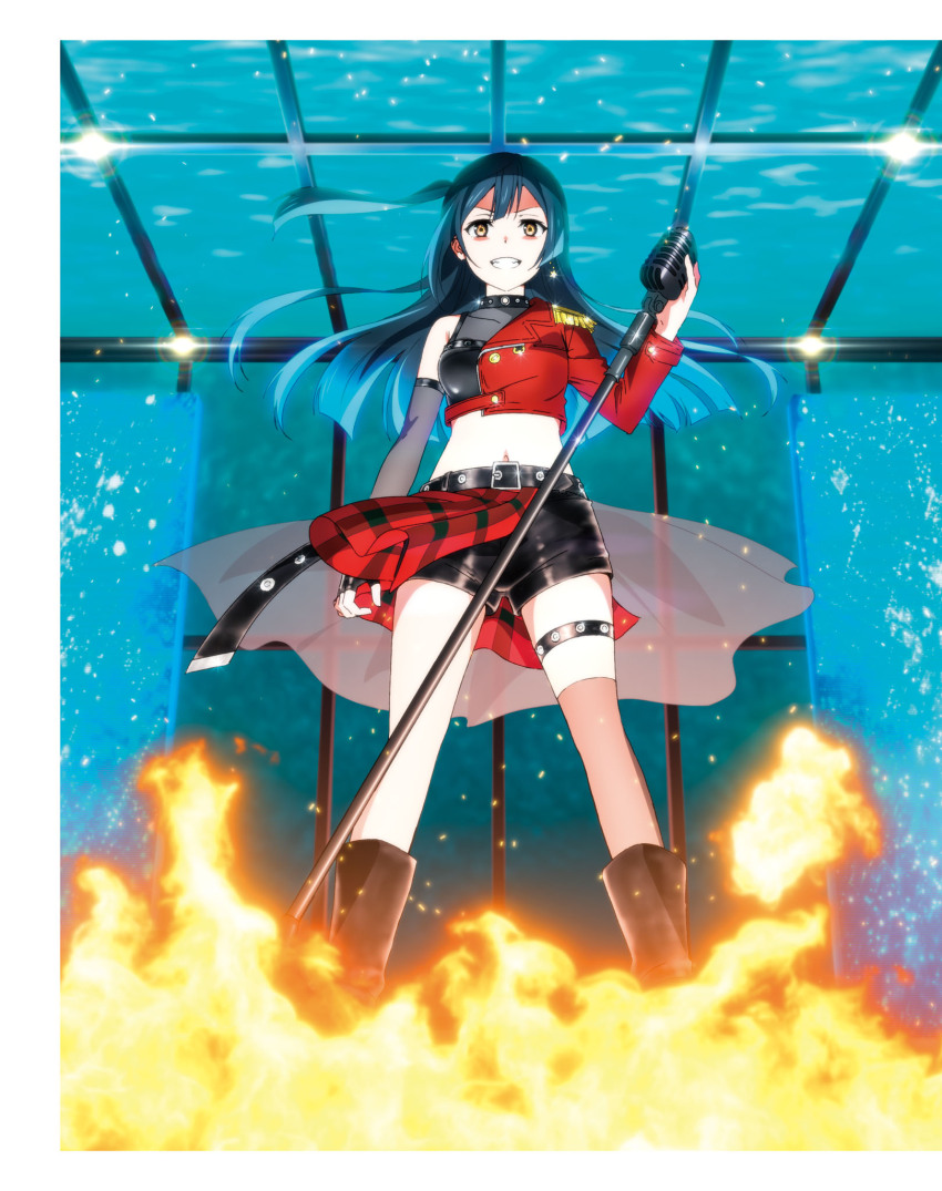 1girl artbook asymmetrical_gloves black_hair black_shorts dive!_(love_live!) earrings fingerless_gloves fire gloves grin highres jewelry long_hair looking_at_viewer love_live! love_live!_nijigasaki_high_school_idol_club microphone microphone_stand midriff navel non-web_source official_art one_side_up shorts smile solo thighhighs yellow_eyes yuki_setsuna