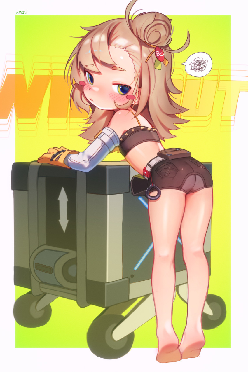 1girl absurdres ass barefoot commentary english_commentary green_eyes hair_bun highres loli najucaju_naju piper_wheel shorts single_side_bun solo zenless_zone_zero