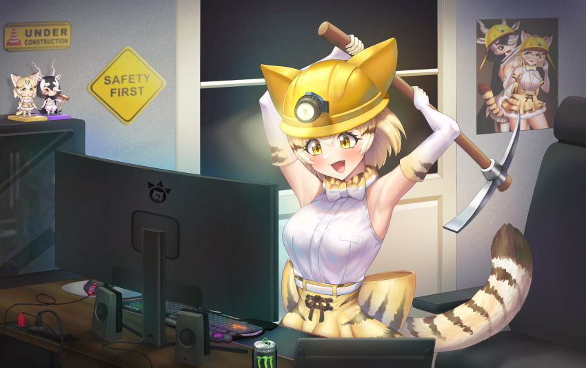 1girl absurdres arms_up blackbuck_(kemono_friends) blonde_hair blush bow bowtie breasts brown_eyes brown_hair commission elbow_gloves fang gloves headlamp helmet highres holding holding_pickaxe indoors kemono_friends kemono_friends_3 computer_keyboard large_breasts monitor monster_energy computer_mouse neukkom open_mouth pickaxe sand_cat_(kemono_friends) shirt short_hair skirt sleeveless sleeveless_shirt smile solo tail white_hair white_shirt