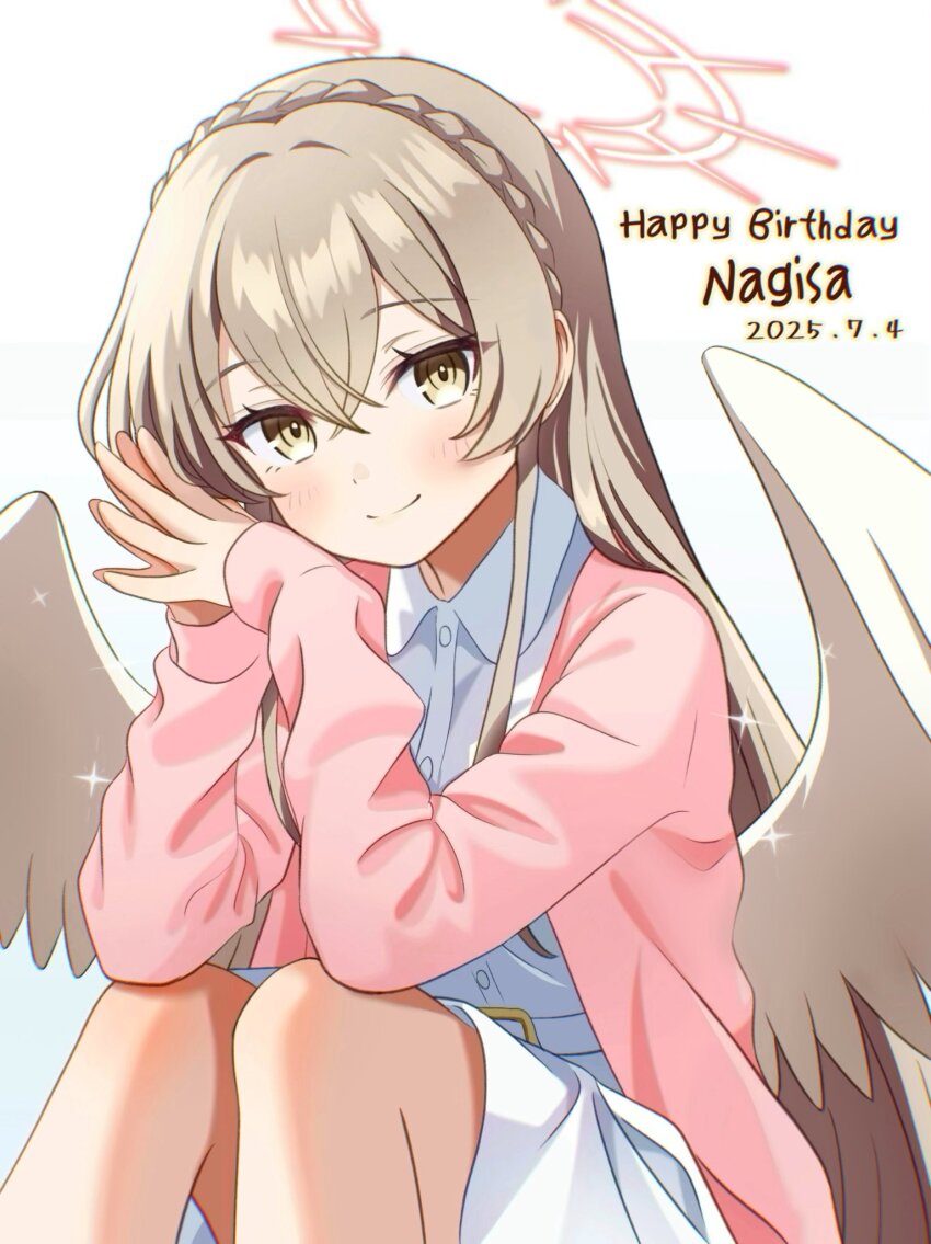 1girl blue_archive brown_eyes brown_hair cardigan closed_mouth collared_shirt gesupi_(provlemsolver57) hair_between_eyes halo happy_birthday highres knees_up long_hair long_sleeves looking_at_viewer nagisa_(blue_archive) open_cardigan open_clothes pink_cardigan red_halo shirt skirt smile solo steepled_fingers white_shirt white_skirt white_wings wings
