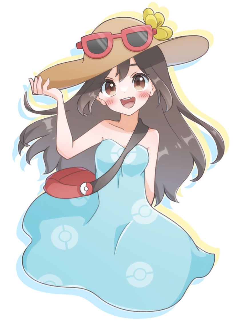 1girl :d absurdres bag between_breasts blush breasts brown_eyes brown_hair brown_hat commentary_request dress flower hand_on_headwear hand_up happy hat hat_flower highres long_hair looking_at_viewer medium_breasts nintendo open_mouth petako_(ptpt_k) poke_ball_print pokemon pokemon_sm red-framed_eyewear red_bag shoulder_bag sightseer_(pokemon) smile solo strap_between_breasts strapless strapless_dress sunglasses teeth tongue upper_teeth_only yellow_flower