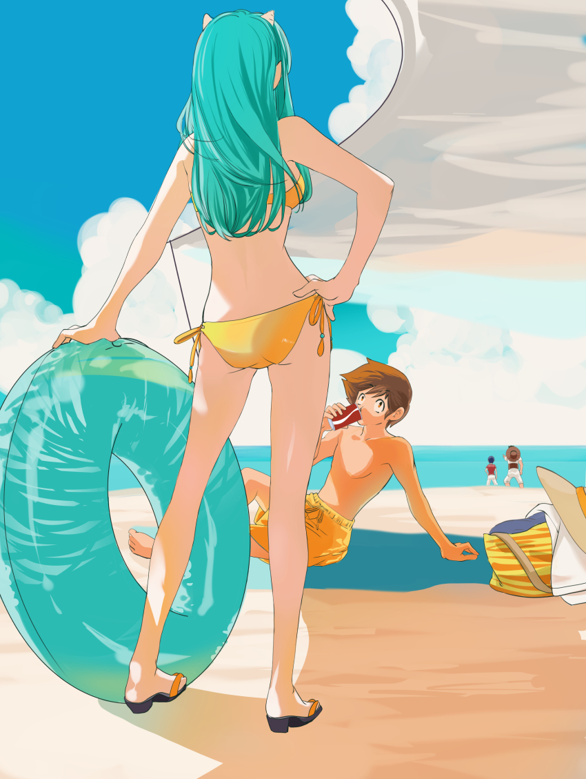 1girl 3boys absurdres animal animal_print aqua_hair arm_support ass beach bikini brown_hair cat cloud cloudy_sky cone_horns day drinking hand_on_own_hip highres holding holding_animal holding_cat horns innertube long_hair looking_at_another lum moroboshi_ataru multiple_boys ocean orange_bikini orange_shorts outdoors pointy_ears print_bag short_hair shorts side-tie_bikini_bottom sitting sky standing summer swim_ring swimsuit tatsukimeg tiger_print urusei_yatsura