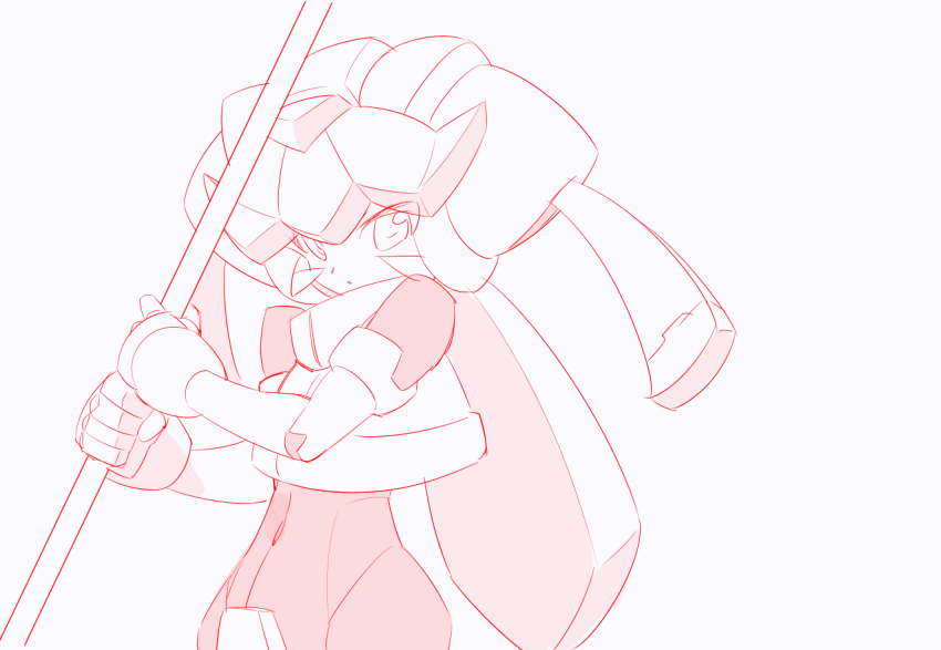1girl armor cowboy_shot crotch_plate greyscale helmet kaidou_zx long_hair mega_man_(series) mega_man_zx model_w_(mega_man) monochrome pandora_(mega_man) red_theme simple_background solo white_background
