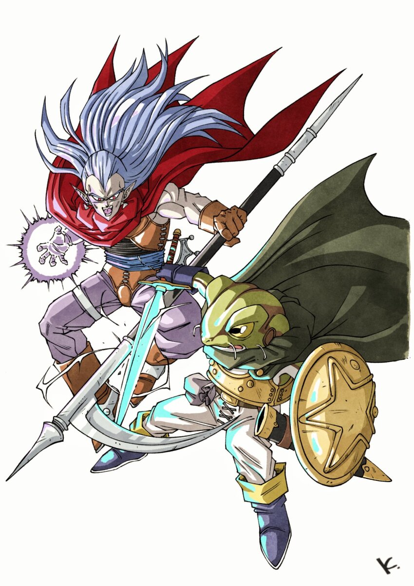 2boys boots brown_gloves cape chrono_trigger frog_(chrono_trigger) frog_boy gloves green_cape grey_hair highres holding holding_polearm holding_scythe holding_shield holding_sword holding_weapon kakeru_(dbskakeru) long_hair magus_(chrono_trigger) multiple_boys open_mouth pale_skin pants pointy_ears polearm red_cape red_eyes scythe shield simple_background sword teeth toriyama_akira_(style) weapon white_background white_pants