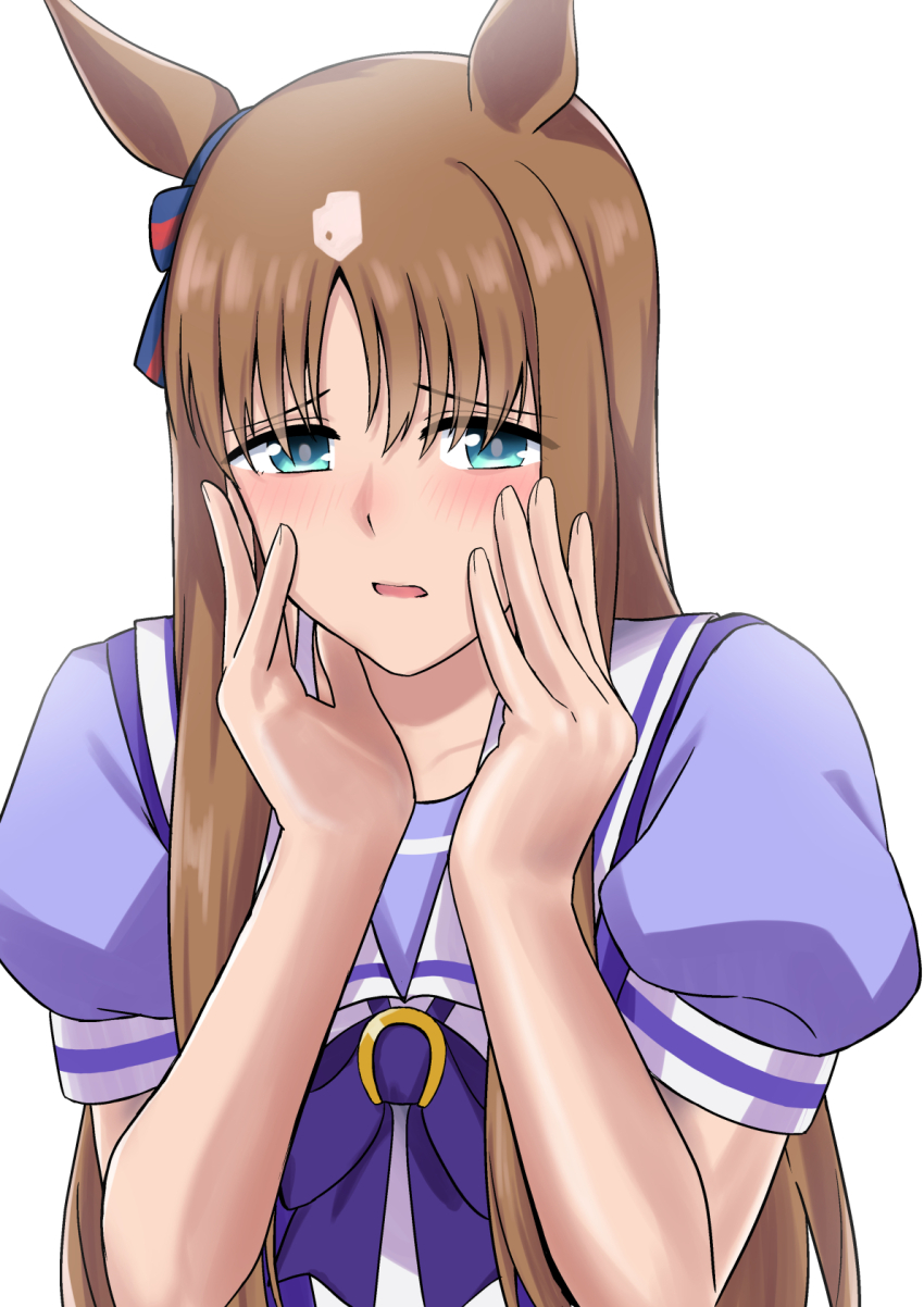 1girl animal_ears blush bow brown_hair commentary_request ear_ornament grass_wonder_(umamusume) hakase_yurisuki hands_on_own_face highres horse_ears horse_girl long_hair looking_at_viewer multicolored_hair puffy_short_sleeves puffy_sleeves purple_bow purple_shirt sailor_collar school_uniform shirt short_sleeves simple_background solo streaked_hair summer_uniform tracen_school_uniform umamusume upper_body white_background white_hair