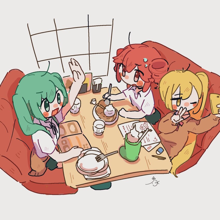 3girls ahoge akita_neru arm_up blonde_hair blush_stickers booth_seating brown_sweater cellphone chibi clothes_around_waist collared_shirt cup eraser fang fork green_eyes green_hair hatsune_miku highres holding holding_fork holding_phone homework kasane_teto long_hair looking_at_another menu multiple_girls one_eye_closed open_mouth paper phone plate red_eyes red_hair selfie shirt short_hair short_sleeves side_ponytail signature sitting skin_fang smartphone sweatdrop sweater table triple_baka_(vocaloid) twintails utau white_shirt yellow_eyes zosan_suru_zosan