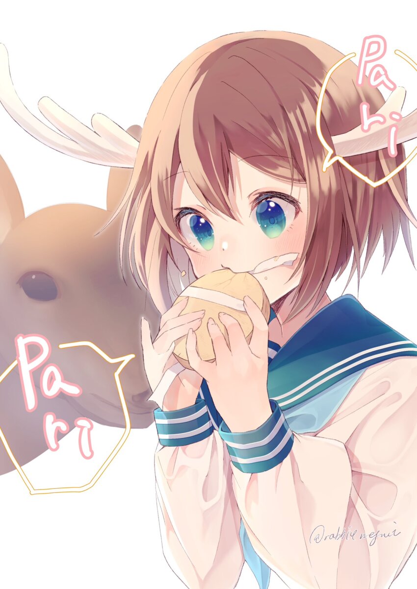 1girl animal antlers aqua_neckerchief blue_eyes blue_sailor_collar brown_hair commentary_request deer deer_cracker deer_girl double-parted_bangs eating food hair_between_eyes hands_up highres holding holding_food horns long_sleeves megu_usagi neckerchief sailor_collar shikanoko_noko shikanoko_nokonoko_koshitantan shirt short_hair solo speech_bubble twitter_username upper_body white_shirt