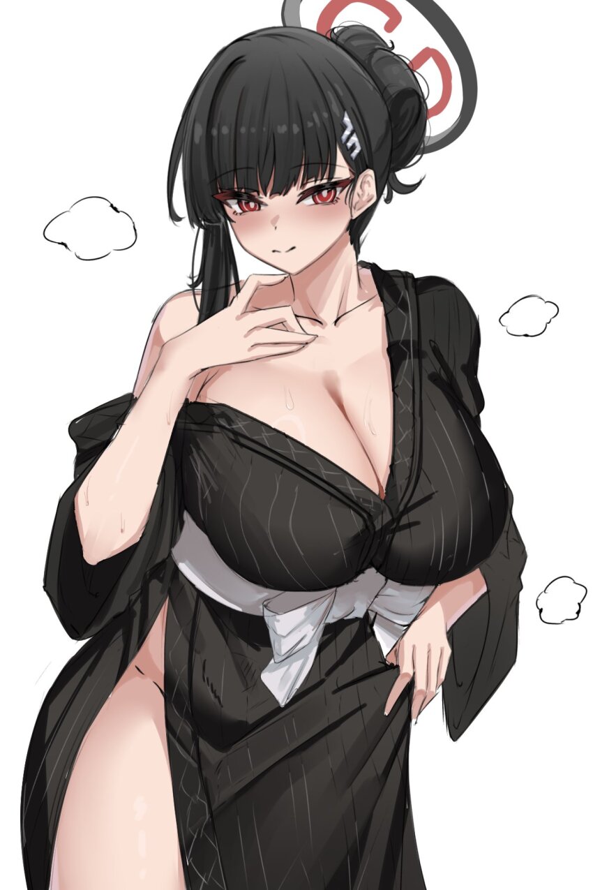 1girl alternate_costume alternate_hairstyle bare_shoulders bath_yukata black_hair black_kimono blue_archive blush breasts cleavage closed_mouth cowboy_shot hair_between_eyes hair_bun hand_on_own_chest highres huge_breasts japanese_clothes kimono large_breasts lengkuass looking_at_viewer naked_kimono obi red_eyes rio_(blue_archive) sash simple_background single_bare_shoulder single_off_shoulder single_sidelock skirt_hold smile solo standing sweatdrop white_background white_sash wide_sleeves yukata
