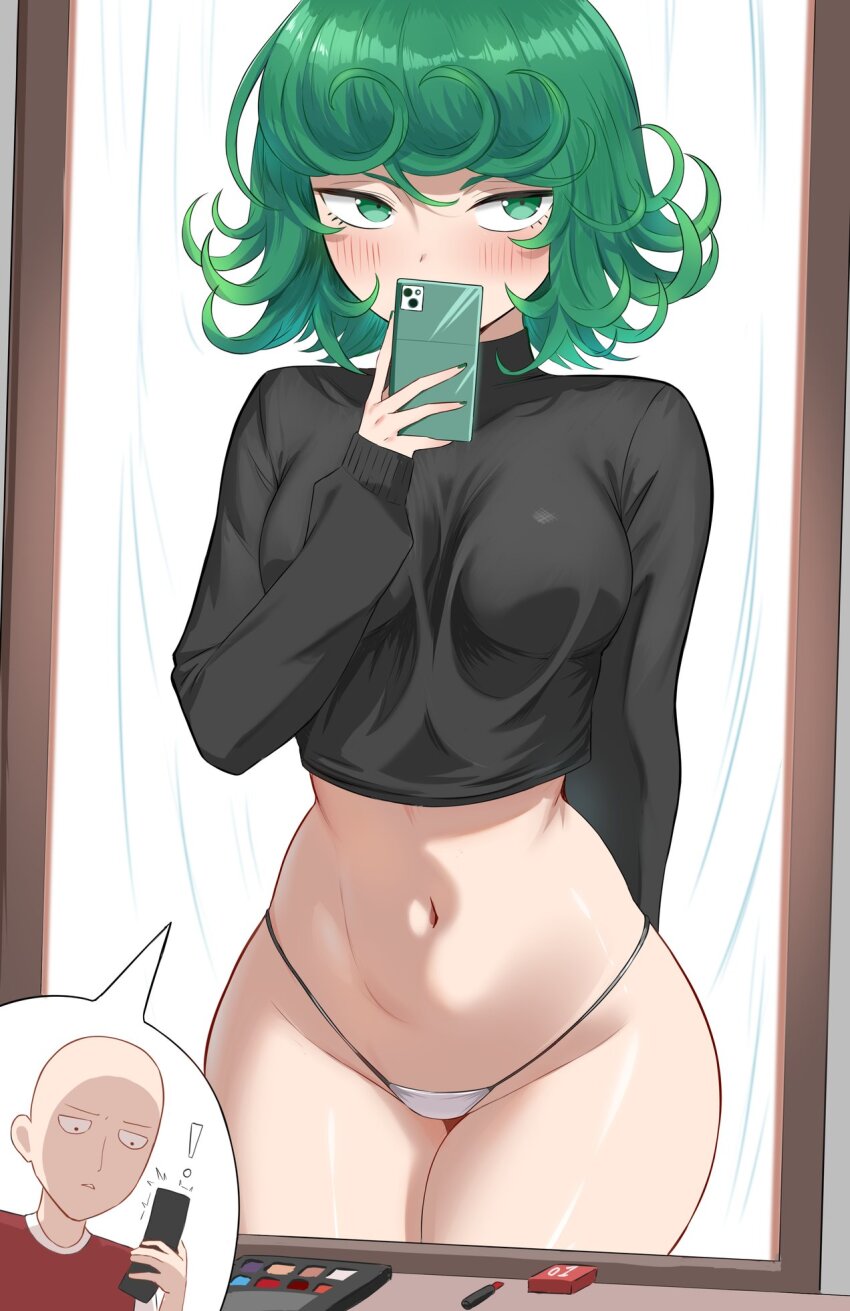1boy 1girl bald bikini bikini_bottom_only black_sweater blush breasts cellphone commentary condom_box english_commentary flip_phone green_eyes green_hair green_nails highres holding holding_phone makeup_brush medium_breasts micchan_(micchanmeido) micro_bikini mirror no_pants one-punch_man phone reflection saitama_(one-punch_man) selfie short_hair smartphone sweater swimsuit tatsumaki text_messaging turtleneck turtleneck_sweater white_bikini