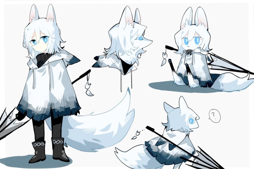 1girl aislan animal_ears black_sweater blue_eyes closed_mouth coat e.g.o_(project_moon) faust_(project_moon) fox_ears fox_girl fox_tail full_body grey_umbrella holding holding_umbrella limbus_company long_sleeves looking_at_viewer multiple_views project_moon raincoat short_hair simple_background solo standing sunshower_(e.g.o) sweater tail umbrella white_background white_coat white_hair