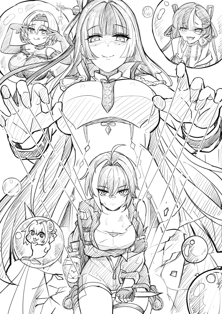 5girls :p ahoge bandaid bandaid_on_face bandaid_on_nose breasts bubble chinese_hairpin doro_(nikke) fang goddess_of_victory:_nikke greyscale hair_intakes hair_ornament hairband half-siblings highres hime_cut jien_(nikke) large_breasts long_hair mole mole_under_each_eye mole_under_eye monochrome mori_(nikke) multicolored_hair multiple_girls multiple_moles necktie puppet_strings red_shoes_(nikke) short_hair sketch streaked_hair syuen_(nikke) thigh_strap tongue tongue_out yougenko