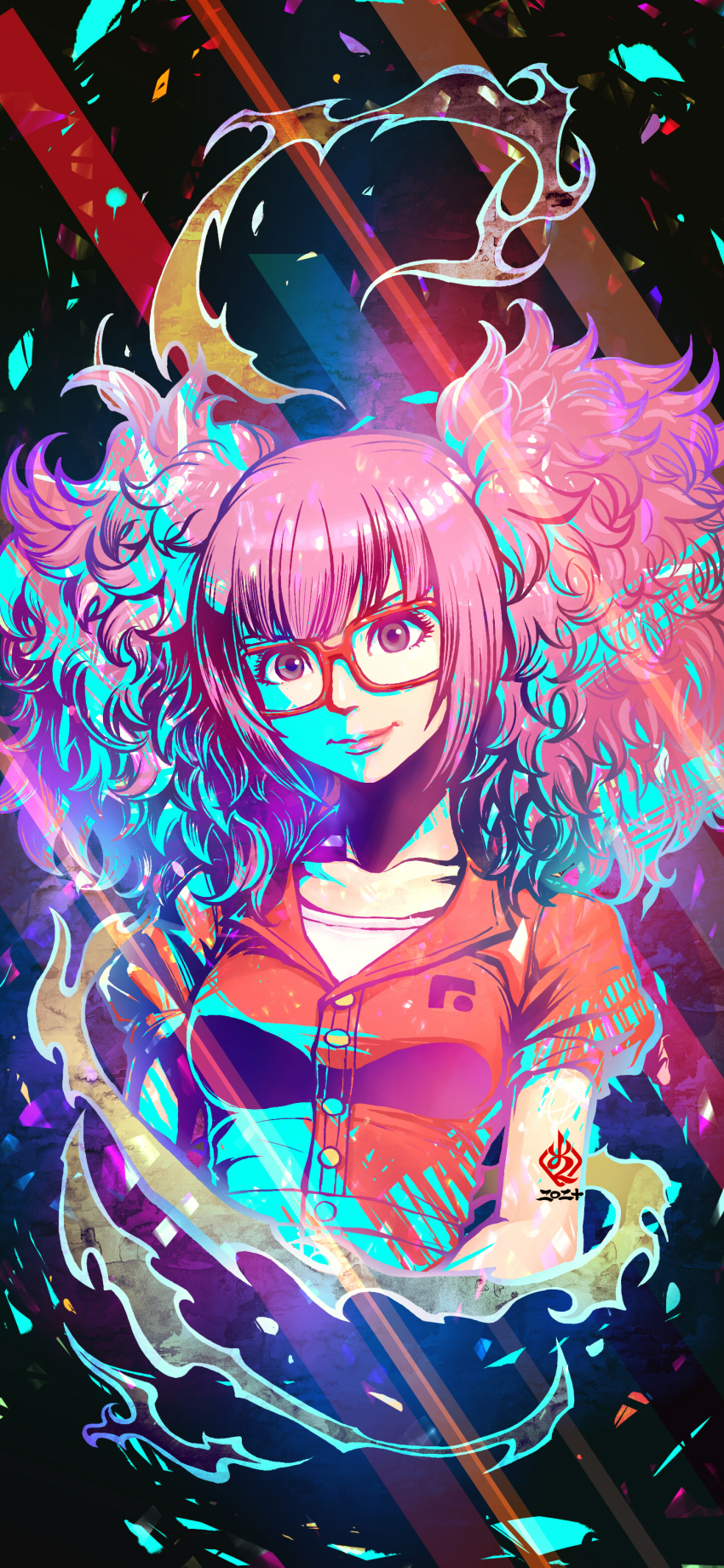 1girl absurdres big_hair black_eyes blunt_bangs breasts closed_mouth commentary_request dragon_ball dragon_ball_super glasses highres kanchiyo kikaza_(dragon_ball) looking_at_viewer medium_breasts pink_hair prison_clothes red-framed_eyewear signature sleeves_rolled_up solo twintails upper_body white_undershirt