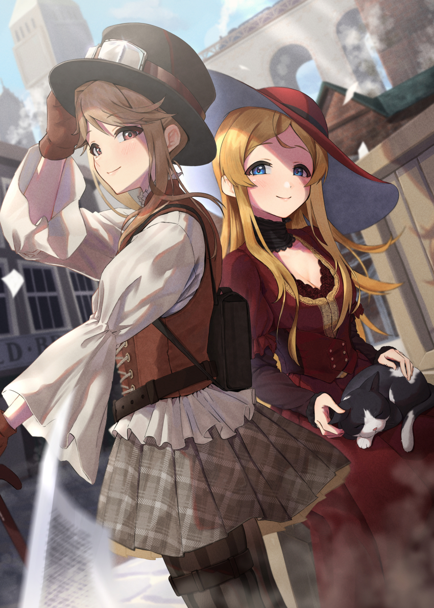 2girls absurdres animal animal_on_lap bag belt black_bag black_hat blonde_hair blue_eyes box breasts bridge brown_eyes brown_gloves brown_hair brown_skirt building cat cat_on_lap city cleavage closed_mouth cowlick dress eyelashes flipped_bangs flipped_hair flying_paper frilled_dress frilled_shirt frills gloves goggles goggles_on_headwear handbag hat highres house idolmaster idolmaster_million_live! idolmaster_million_live!_theater_days impossible_hair kaiso_(kaisooekaki) lace-trimmed_collar lace_trim leather leather_gloves leather_vest light_blush lips long_hair long_sleeves multiple_girls on_lap pants pants_under_skirt paper petting plaid_clothes plaid_skirt pleated_skirt red_dress red_hat shinomiya_karen shirt sitting skirt sleeping sleeping_animal smile steam steampunk sun_hat swept_bangs tenkuubashi_tomoka thigh_strap tower train tuxedo_cat very_long_hair wide_sleeves wooden_box