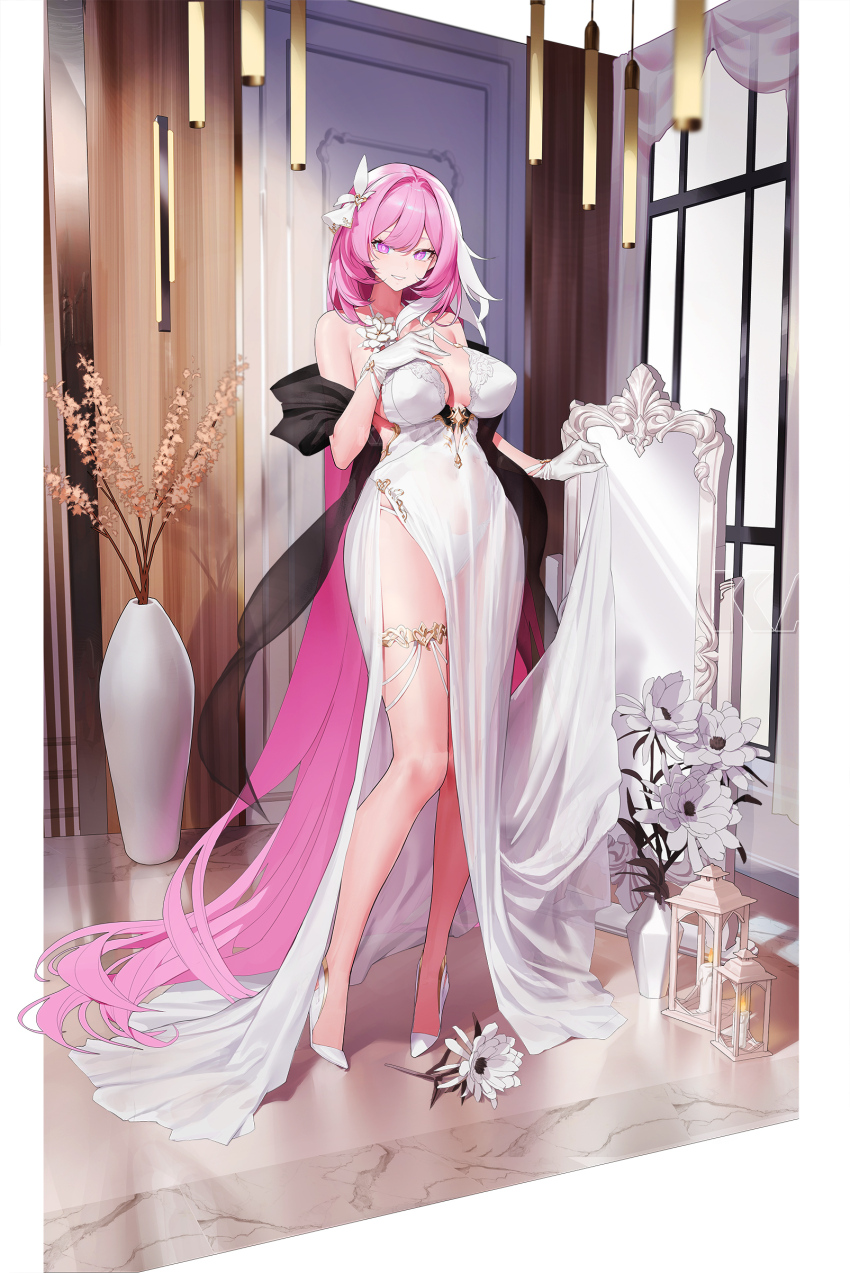 1girl absurdres alternate_costume bare_shoulders breasts diamond-shaped_pupils diamond_(shape) dress elysia_(herrscher_of_human:_ego)_(honkai_impact) elysia_(honkai_impact) evening_gown flower gloves hair_ornament high_heels highres honkai_(series) honkai_impact_3rd kan_qianhuilan large_breasts long_hair looking_at_viewer multicolored_hair panties pink_hair plant potted_plant purple_eyes see-through_clothes see-through_dress smile solo symbol-shaped_pupils two-tone_hair underwear very_long_hair white_dress white_flower white_gloves white_hair white_panties