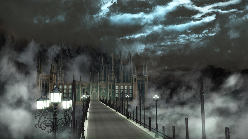 3d castle cloud cloudy_sky copyright_request dark fog kayano_(goth-phantasma) lamppost no_humans scenery sky window
