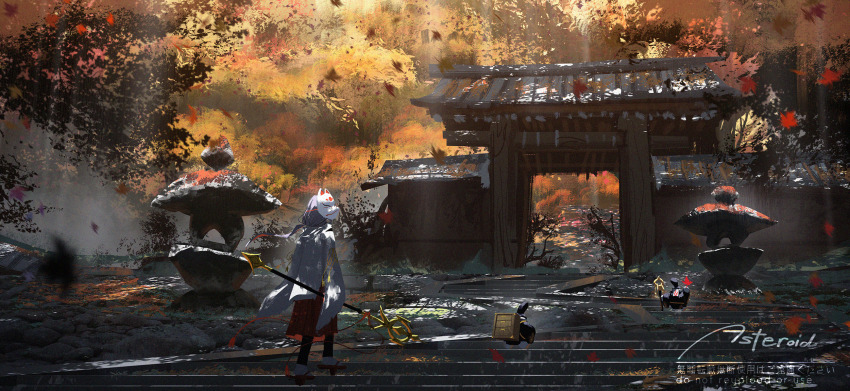 1girl artist_name asteroid_ill autumn_leaves building commentary_request forest fox_mask from_behind highres holding holding_staff kosode leaf mask mask_on_head nature original outdoors red_skirt sandals scenery signature skirt solo staff stairs standing watermark wide_shot zouri