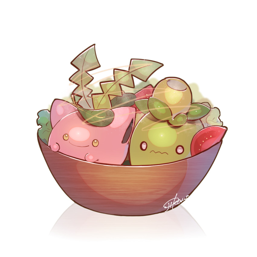 bowl closed_mouth commentary_request creatures_(company) game_freak gen_2_pokemon highres hoppip in_bowl in_container leaf lettuce nintendo no_humans ojikano pokemon pokemon_(creature) signature smile smoliv tomato tomato_slice wavy_mouth yellow_eyes