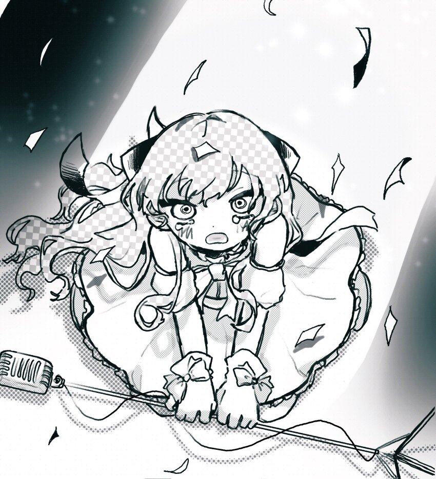 1girl blush confetti detached_sleeves dress fake_transparency floating_hair from_above frown full_body glove_bow gloves greyscale hair_ribbon highres holding holding_microphone iyowa_girls long_hair looking_up microphone monochrome nipa_(ixt7s) open_mouth patterned_hair puffy_short_sleeves puffy_sleeves raised_eyebrows ribbon ringed_eyes short_sleeves sitting sleeveless sleeveless_dress solo spotlight tearing_up wariza wasure_mono_(vocaloid)
