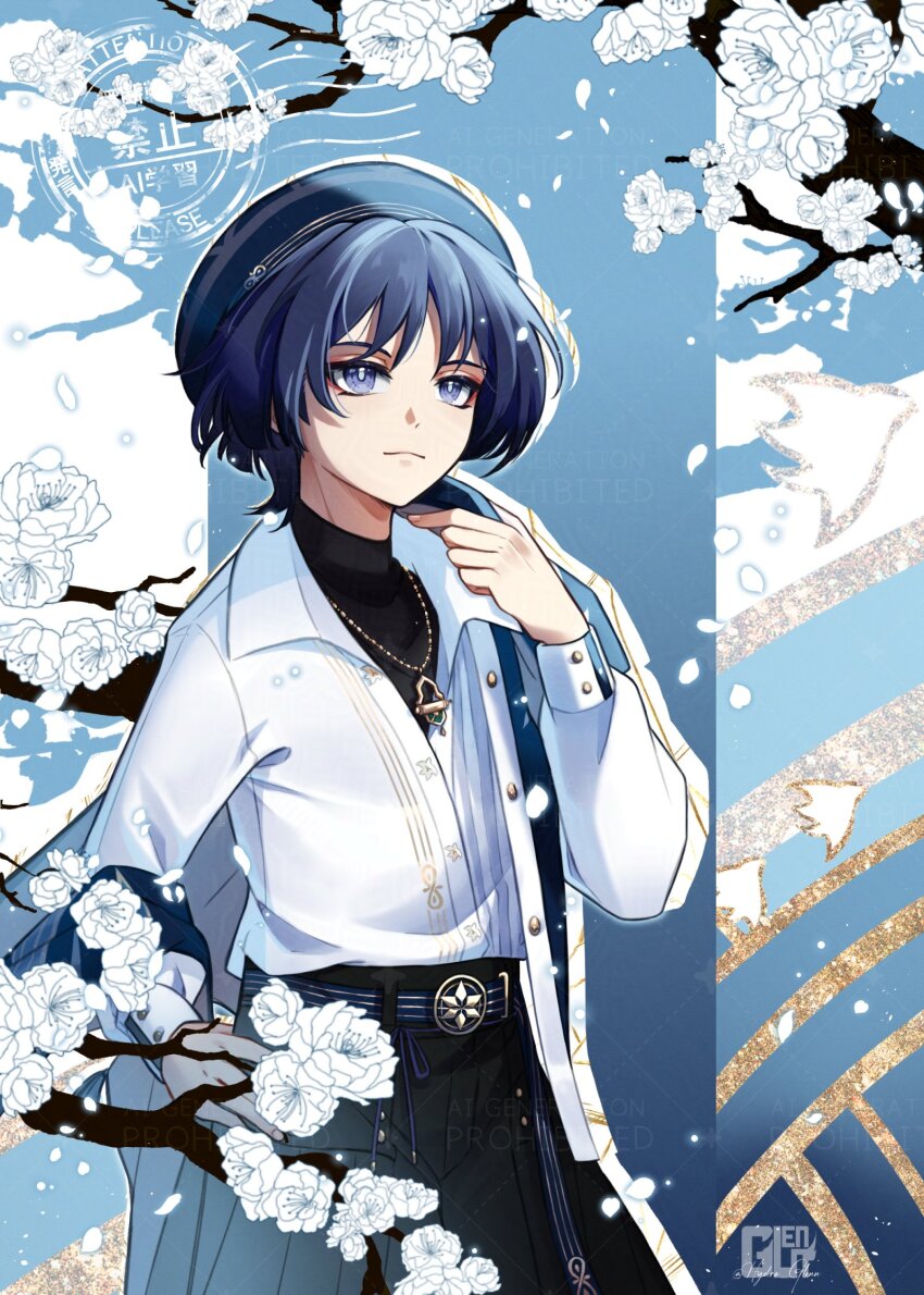 1boy alternate_costume animal_print arm_at_side belt beret bird_print black_belt black_pants black_shirt black_undershirt blue_eyes blue_hair blue_hat blue_shawl blunt_ends bright_pupils casual closed_mouth collared_shirt contemporary eyeliner eyeshadow falling_petals genshin_impact gold_buckle gold_necklace gold_pendant gold_trim hakama hakama_pants hand_on_own_hip hand_up hat highres holding_shawl hydra_glenn japanese_clothes jewelry long_sleeves looking_up makeup male_focus necklace official_alternate_costume pants petals red_eyeliner red_eyeshadow scaramouche_(genshin_impact) shawl shirt smile solo three_quarter_view turtleneck turtleneck_shirt upper_body wanderer_(genshin_impact) wanderer_(wanderer_impression)_(genshin_impact) watermark watermark_grid white_petals white_pupils white_shirt white_sleeves wing_collar