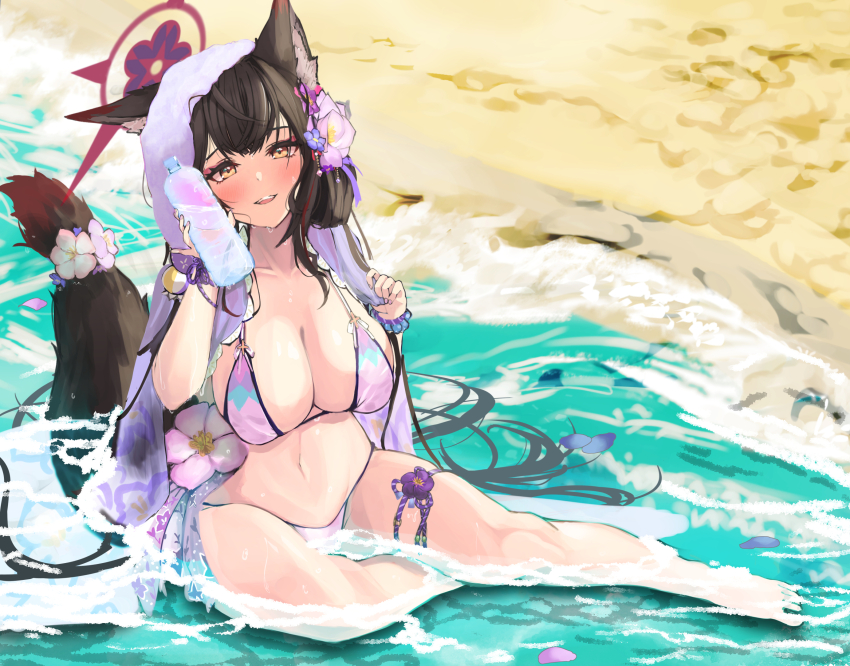 1girl animal_ear_fluff barefoot bikini black_hair blue_archive blush bottle breasts cleavage colored_inner_hair flower fox_girl fox_tail haori highres holding holding_bottle japanese_clothes large_breasts long_hair looking_at_viewer multicolored_hair navel official_alternate_costume open_mouth purple_bikini purple_flower purple_haori red_hair samgo sitting_sideways solo swimsuit tail teeth two-tone_hair upper_teeth_only wakamo_(blue_archive) wakamo_(swimsuit)_(blue_archive) water_bottle yellow_eyes