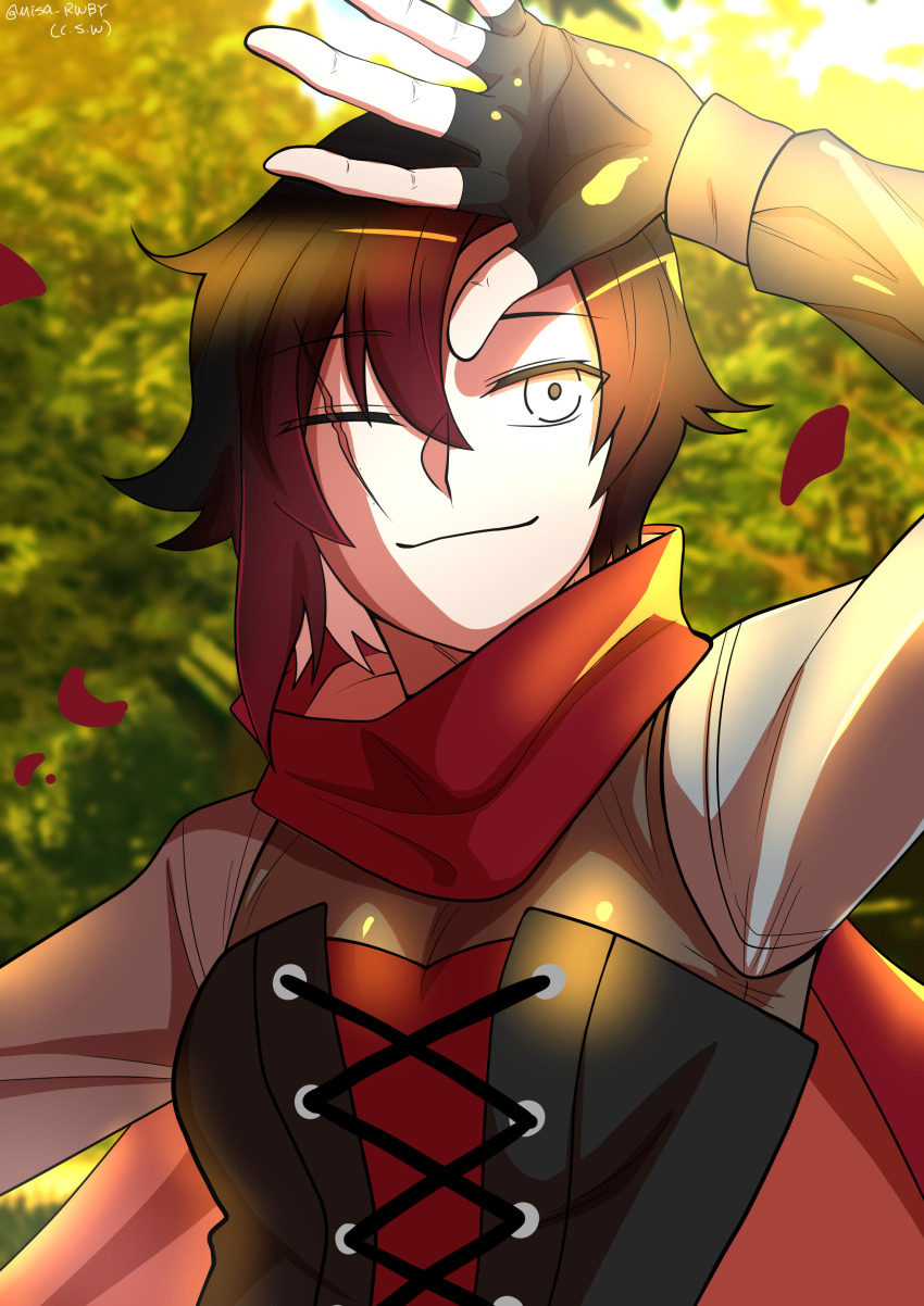 1girl absurdres arm_up black_corset black_gloves black_hair breasts cape closed_mouth corset fingerless_gloves gloves gradient_hair highres long_sleeves misanim multicolored_hair one_eye_closed outdoors red_cape red_hair red_petals ruby_rose rwby scar scar_across_eye scar_on_face short_hair smile solo sunlight twitter_username upper_body white_eyes