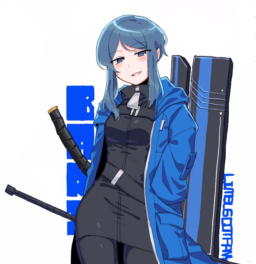 1girl bari_(project_moon) black_dress black_pants blue_eyes blue_hair blue_jacket character_name dress highres jacket limbus_company looking_at_viewer nr6nzqrcgf60864 pants project_moon short_hair sidelocks simple_background solo standing upper_body white_background