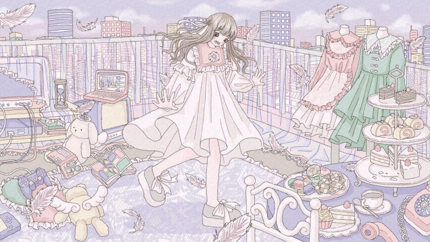 1girl antique_phone ascot black_eyes blonde_hair blunt_bangs book bow bright_pupils cake cake_slice cityscape cloud cloudy_sky computer controller cup dress falling_feathers feathers food frilled_dress frilled_pillow frills full_body game_console game_controller gamepad green_dress hair_ribbon heart heart-shaped_pupils highres hourglass laptop long_hair looking_down macaron nekomaru0817 open_book open_mouth original pillow pink_ascot pink_dress plate playstation_1 purple_sky purple_theme railing ribbon shoes sky solo spoon spread_fingers stuffed_toy symbol-shaped_pupils table teacup teeth television white_bow white_dress white_pupils white_ribbon white_shoes